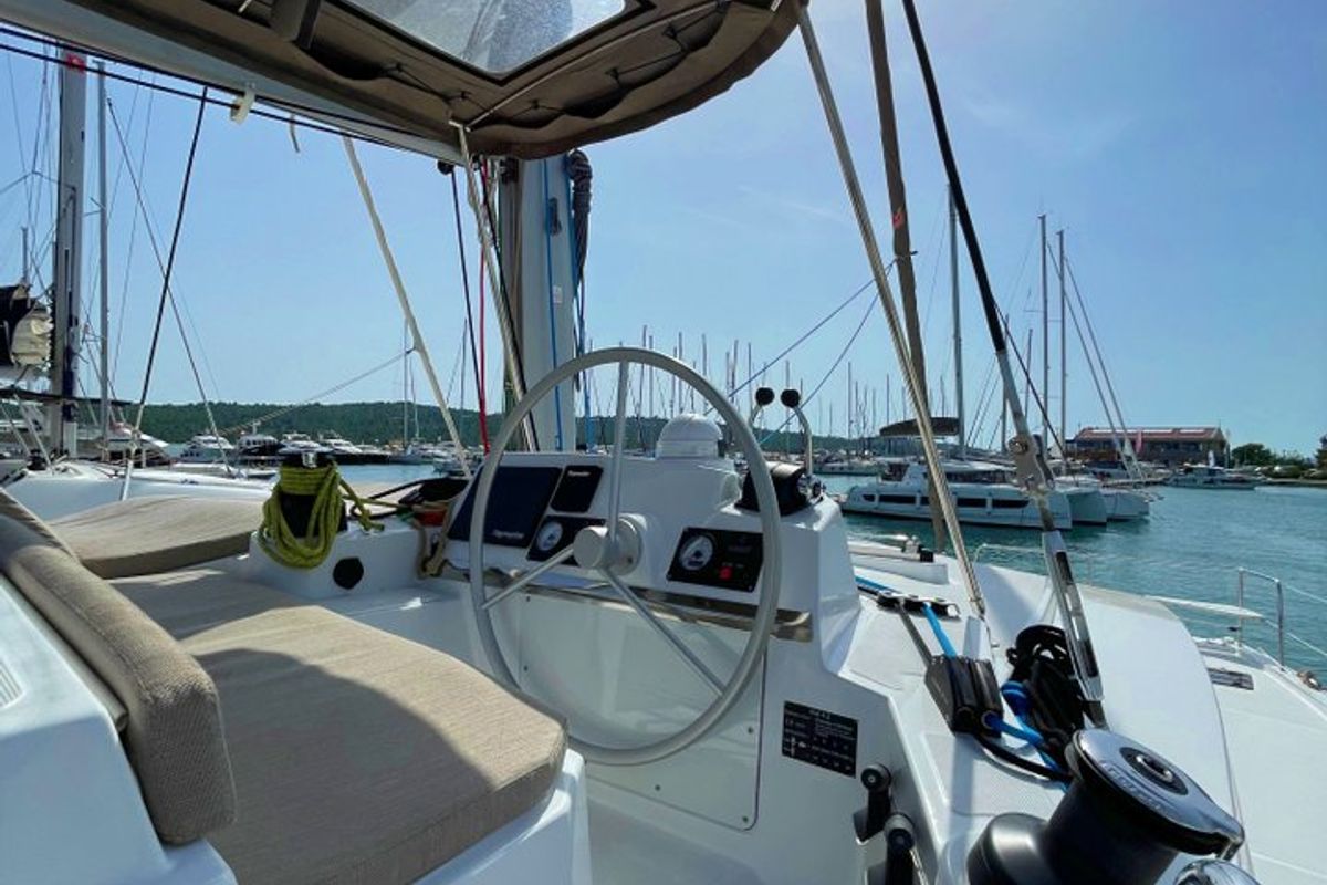Cockpit of Sail and Adventure, a Bali 4.2 catamaran at Pirovac, Croatia