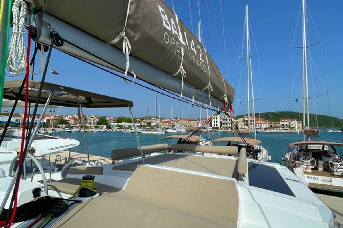 Deck of Sail and Adventure, a Bali 4.2 catamaran at Pirovac, Croatia