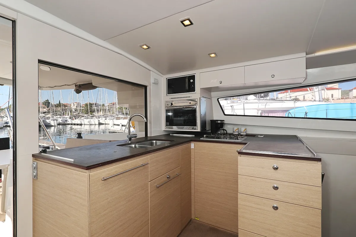 Galley of Rozi V, a Bali 4.5 catamaran at Općina Rogoznica, Croatia