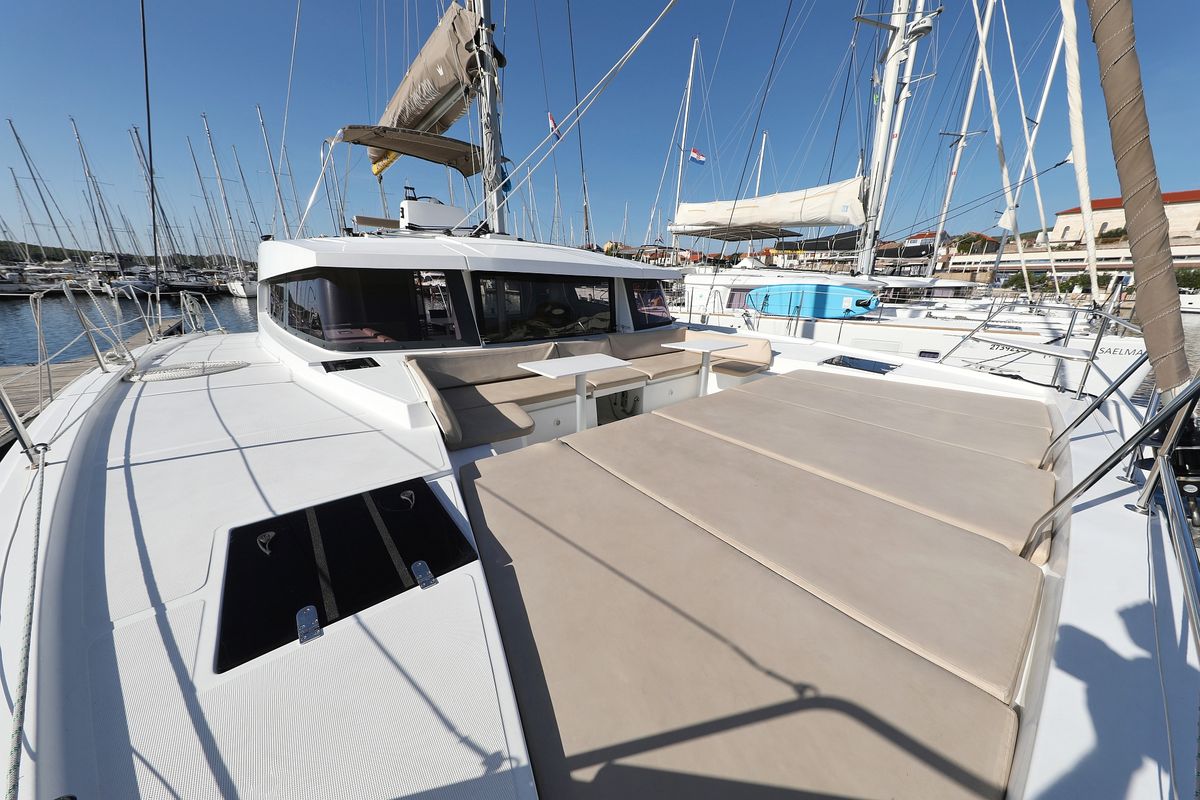 Deck of Rozi V, a Bali 4.5 catamaran at Općina Rogoznica, Croatia