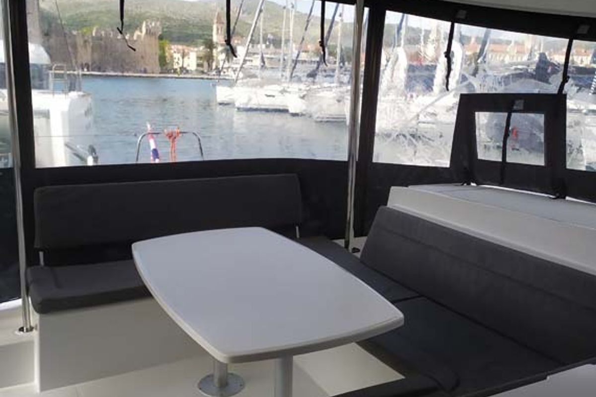 Deck of Twin Elli, a Lagoon 450 S catamaran at Grad Trogir, Croatia