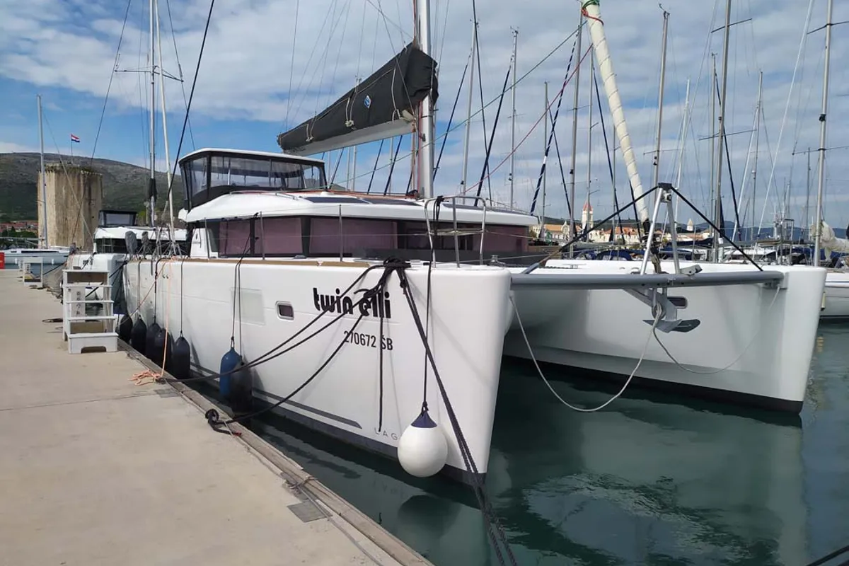 Exterior view of Twin Elli, a Lagoon 450 S catamaran at Grad Trogir, Croatia