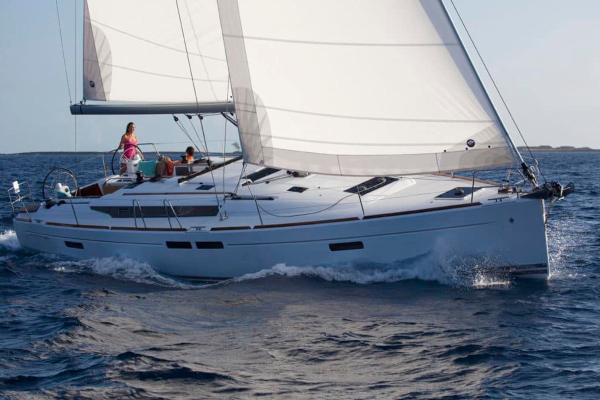 Exterior view of Kos 469.1, a Jeanneau Sun Odyssey 469 sailboat at Municipal Unit of Lefkada, Greece
