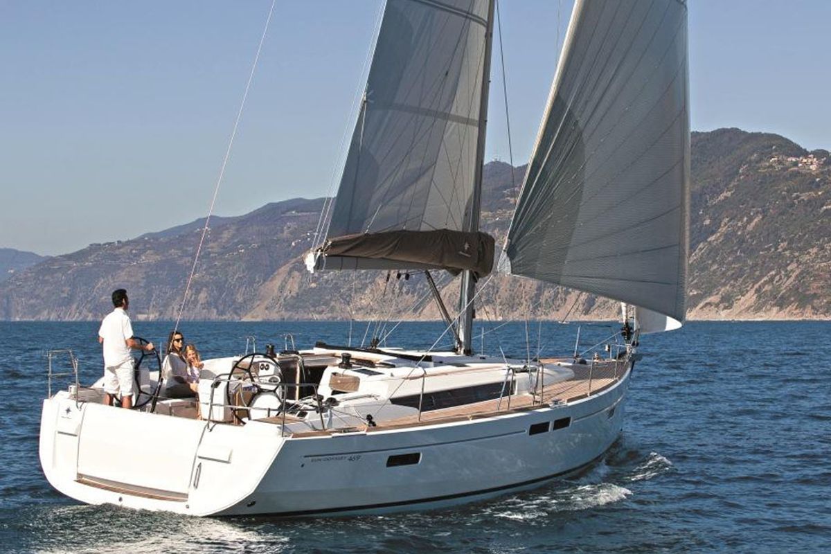 Exterior view of Kos 469.1, a Jeanneau Sun Odyssey 469 sailboat at Municipal Unit of Lefkada, Greece