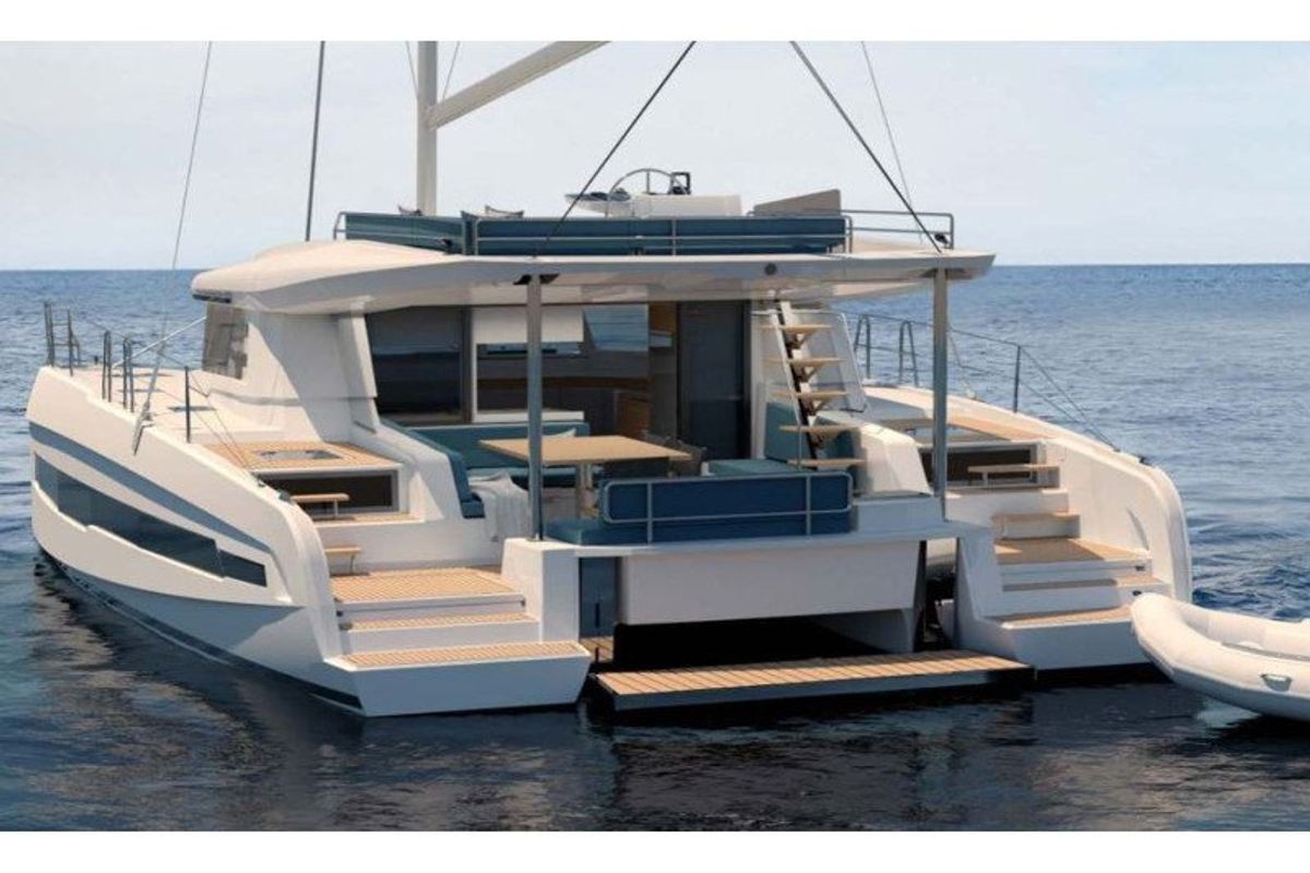Exterior view of Kajsa Kavat, a Cervetti 44 catamaran at Primošten, Croatia