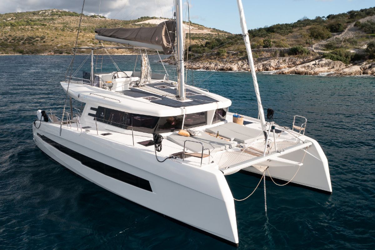 Exterior view of Kajsa Kavat, a Cervetti 44 catamaran at Primošten, Croatia