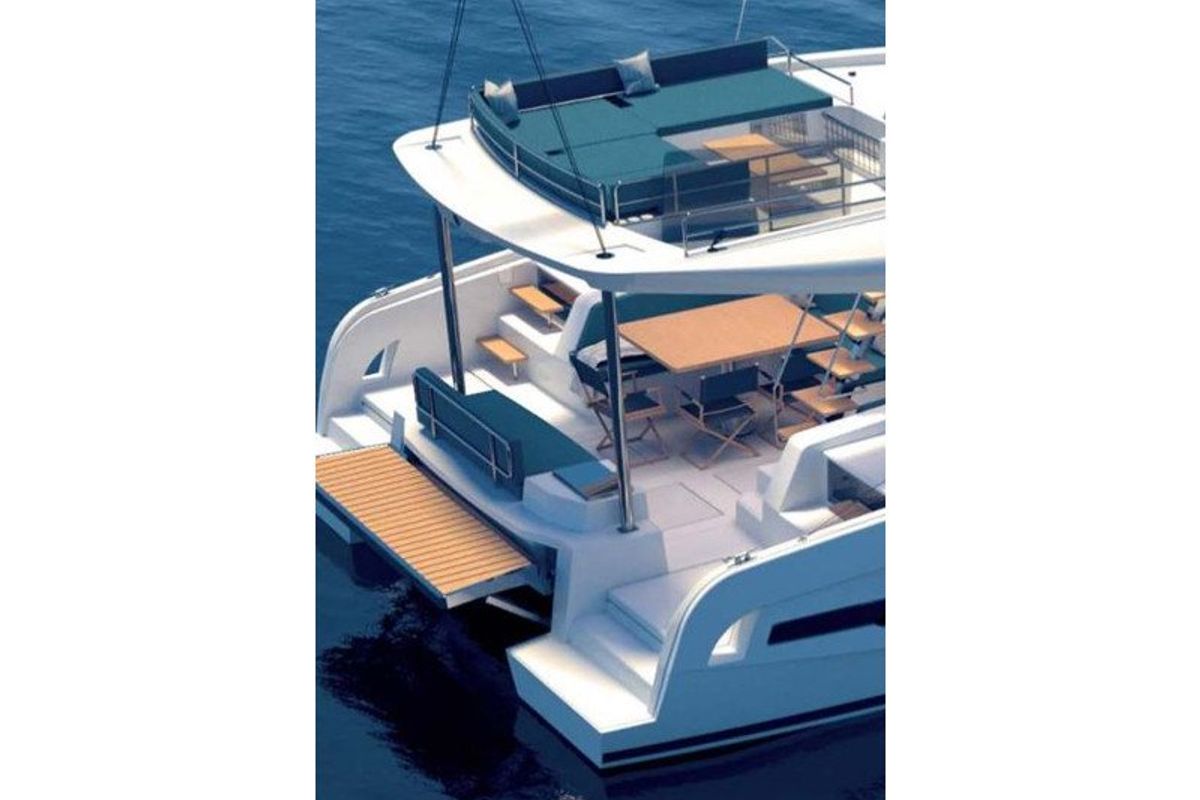 Deck of Kajsa Kavat, a Cervetti 44 catamaran at Primošten, Croatia