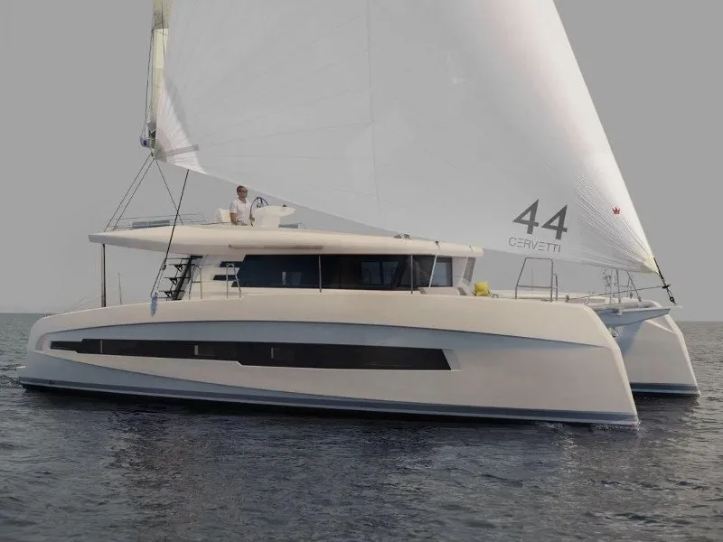 Exterior view of Kajsa Kavat, a Cervetti 44 catamaran at Primošten, Croatia