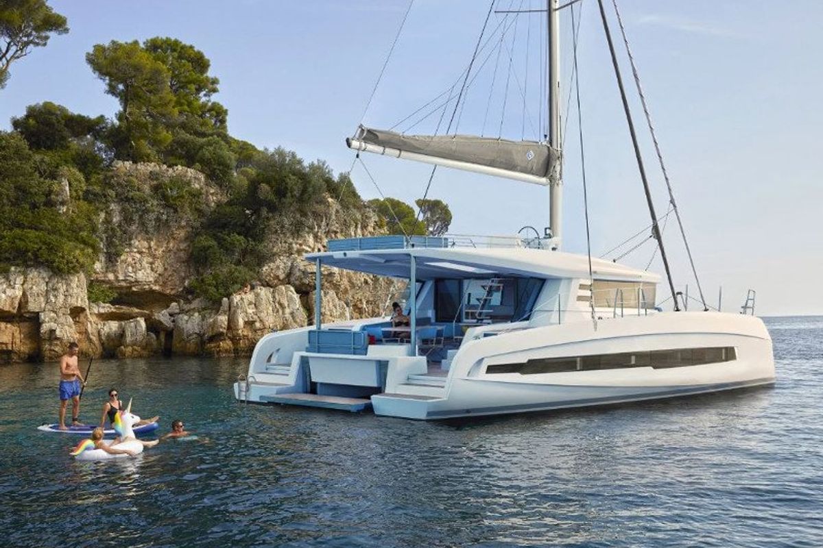 Exterior view of Kajsa Kavat, a Cervetti 44 catamaran at Primošten, Croatia