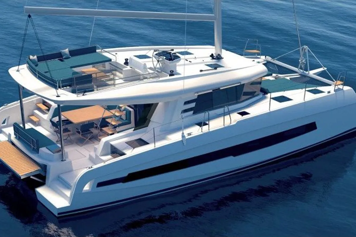 Exterior view of Kajsa Kavat, a Cervetti 44 catamaran at Primošten, Croatia