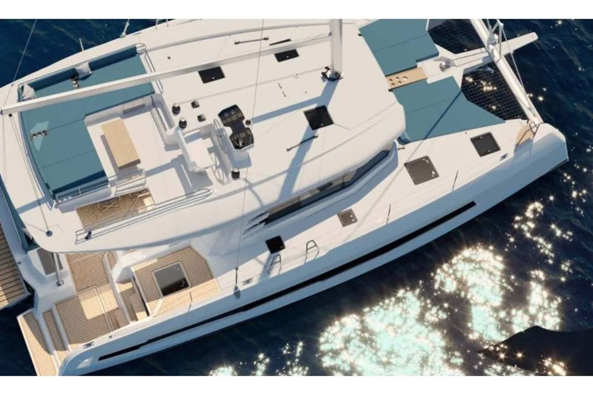 Exterior view of Kajsa Kavat, a Cervetti 44 catamaran at Primošten, Croatia