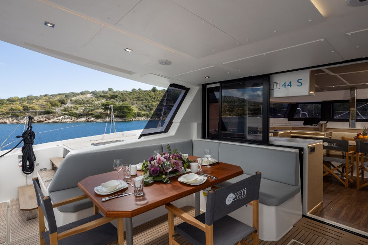 Deck of Kajsa Kavat, a Cervetti 44 catamaran at Primošten, Croatia