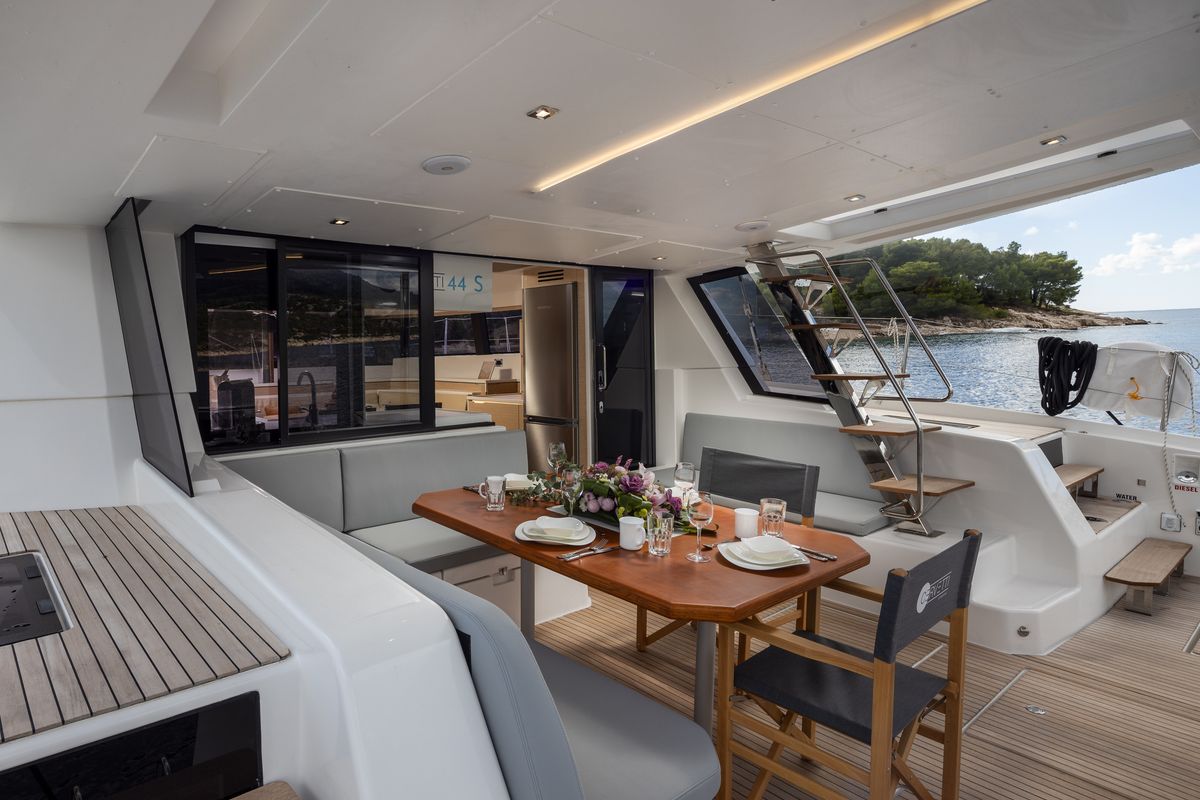 Deck of Kajsa Kavat, a Cervetti 44 catamaran at Primošten, Croatia