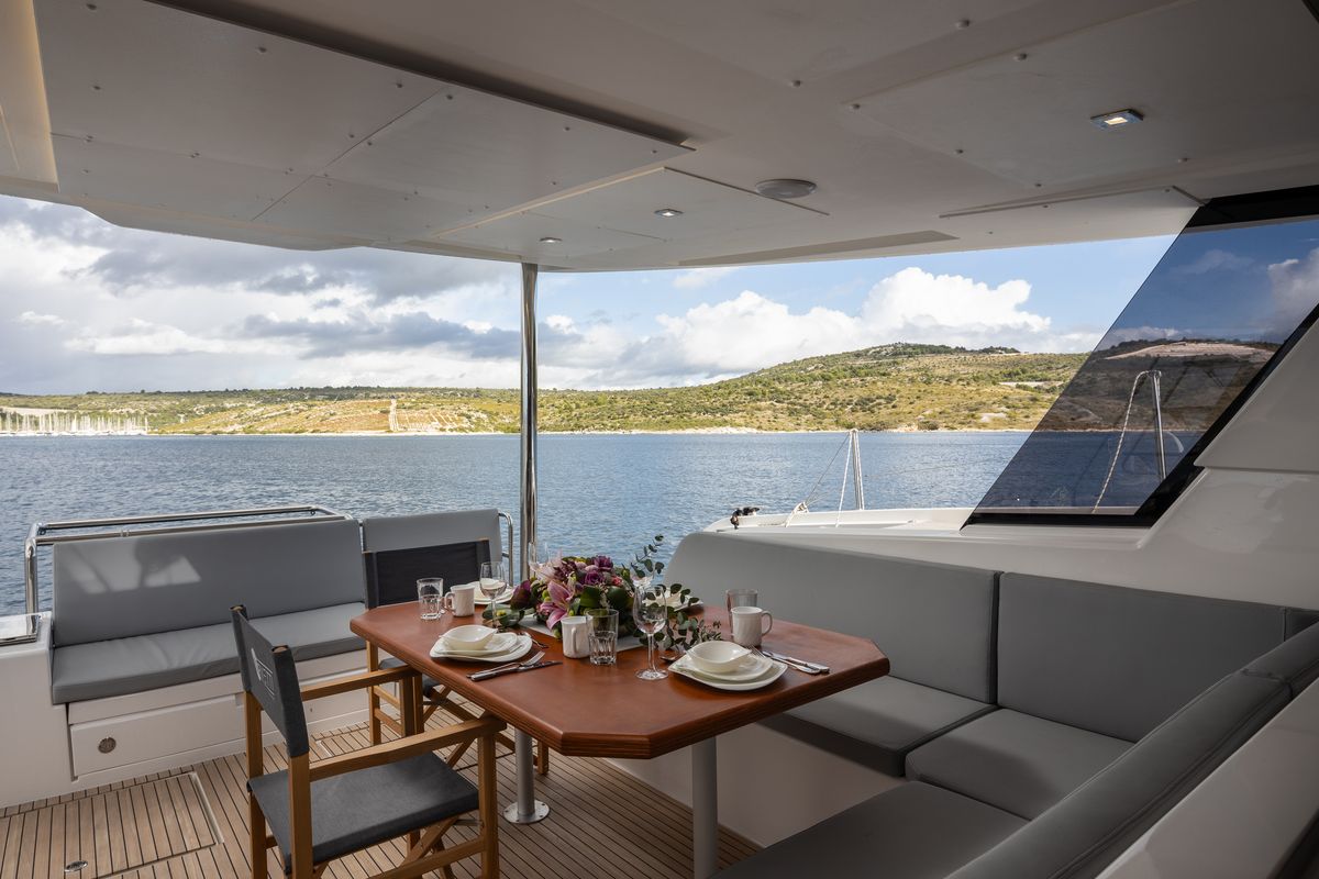 Deck of Kajsa Kavat, a Cervetti 44 catamaran at Primošten, Croatia