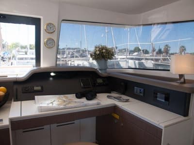 Cockpit of Hephaestus, a Bali 4.1 catamaran at Benitses, Greece