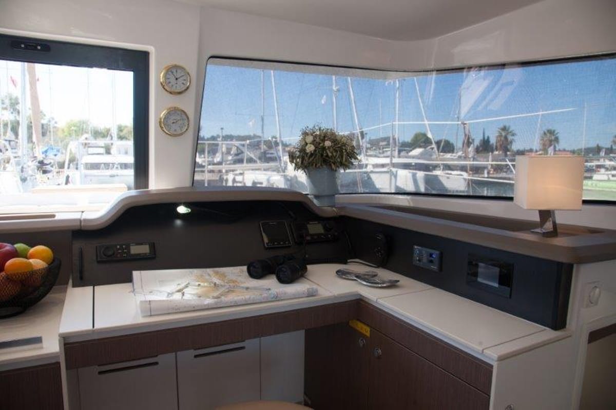 Cockpit of Hephaestus, a Bali 4.1 catamaran at Benitses, Greece