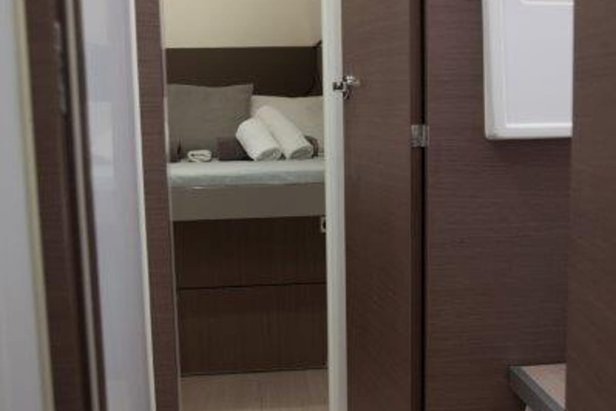 Cabin on Hephaestus, a Bali 4.1 catamaran at Benitses, Greece