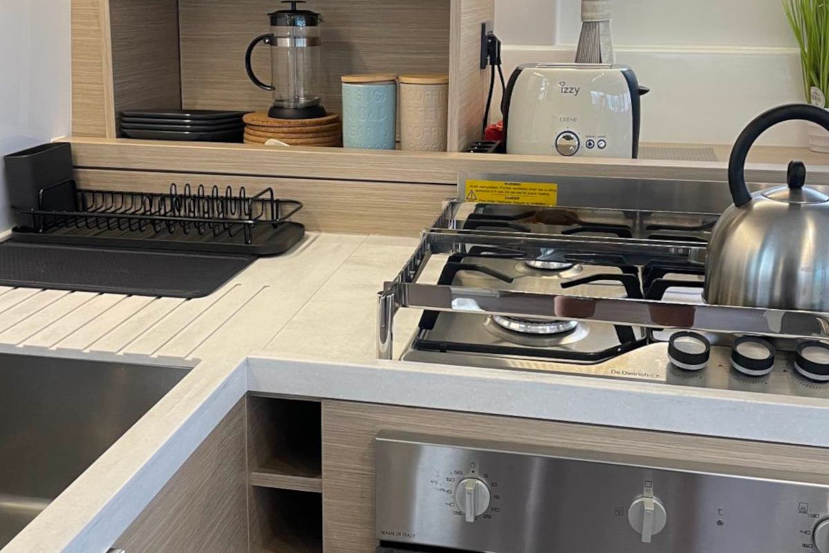 Galley of Aegeus, a Lagoon 51 catamaran at Piraeus, Greece