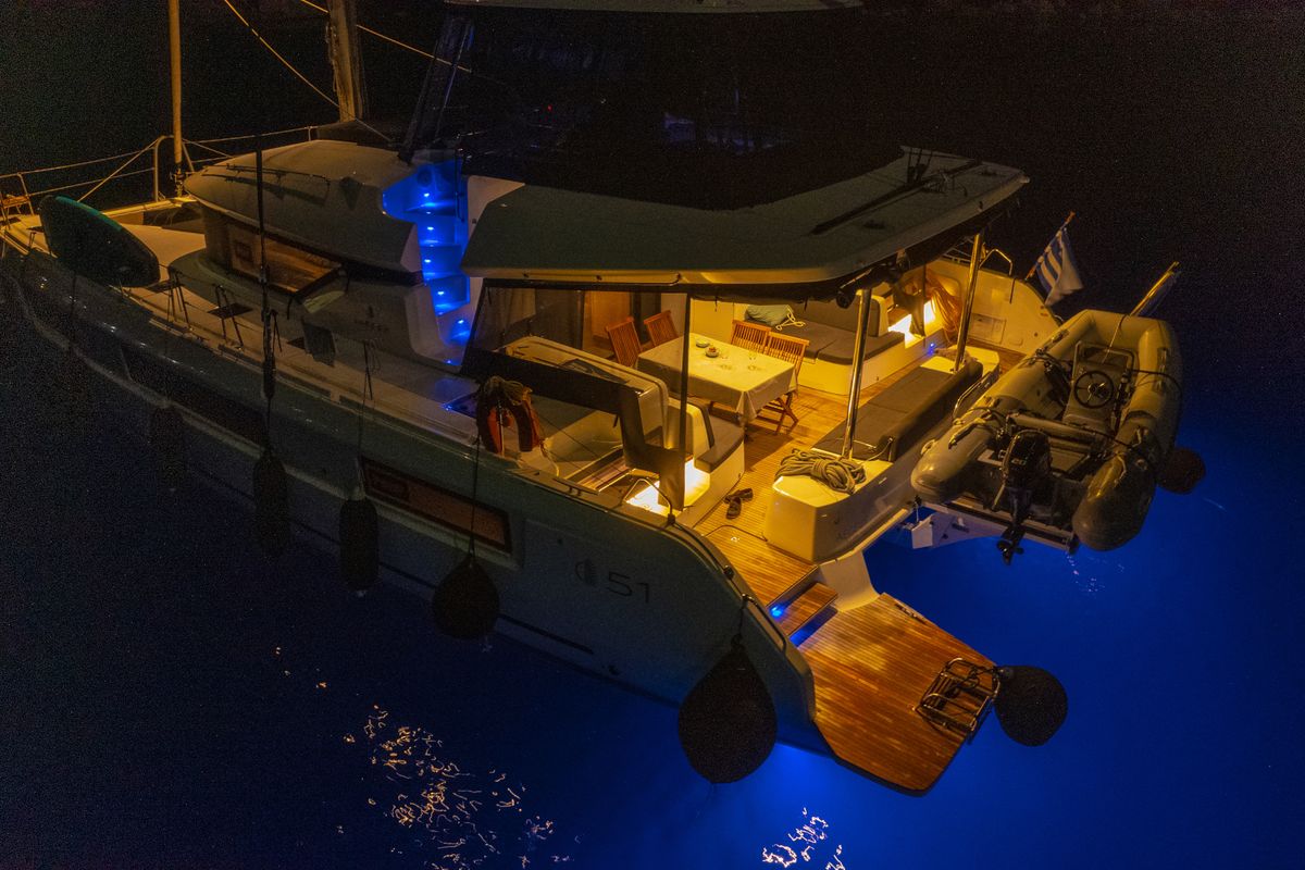 Exterior view of Aegeus, a Lagoon 51 catamaran at Piraeus, Greece