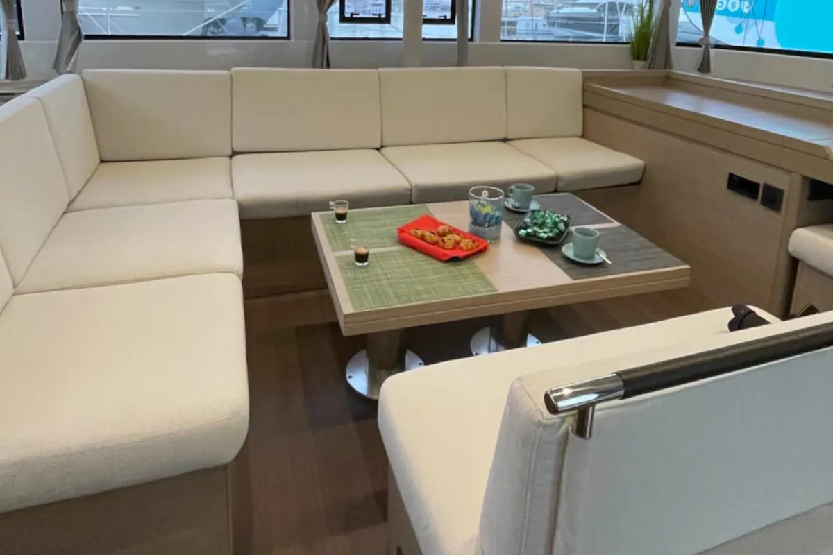 Salon of Aegeus, a Lagoon 51 catamaran at Piraeus, Greece