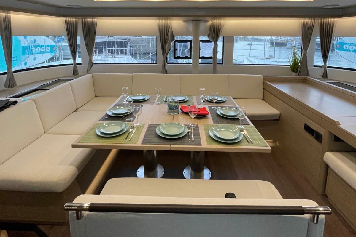 Salon of Aegeus, a Lagoon 51 catamaran at Piraeus, Greece