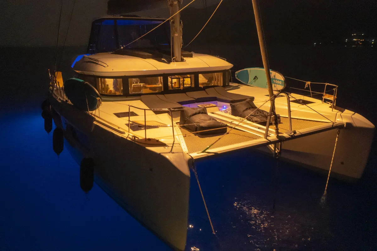 Exterior view of Aegeus, a Lagoon 51 catamaran at Piraeus, Greece