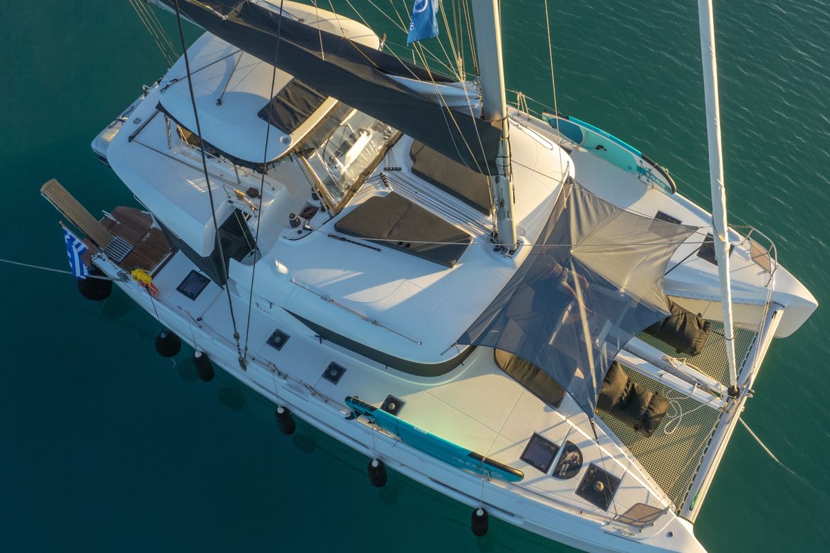Exterior view of Aegeus, a Lagoon 51 catamaran at Piraeus, Greece