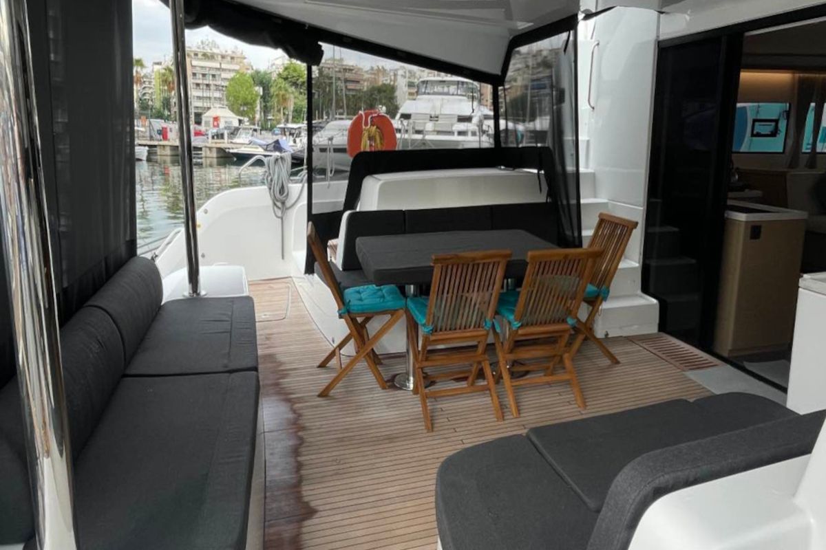 Deck of Aegeus, a Lagoon 51 catamaran at Piraeus, Greece