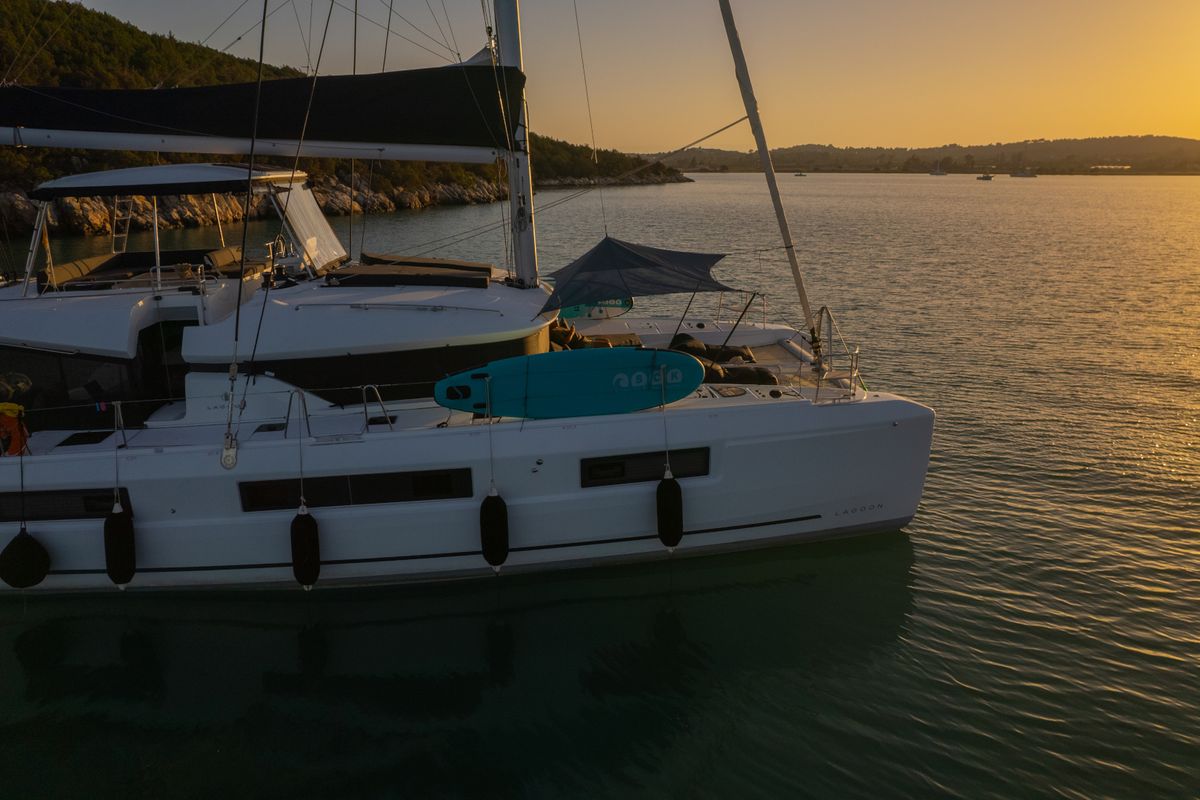Exterior view of Aegeus, a Lagoon 51 catamaran at Piraeus, Greece