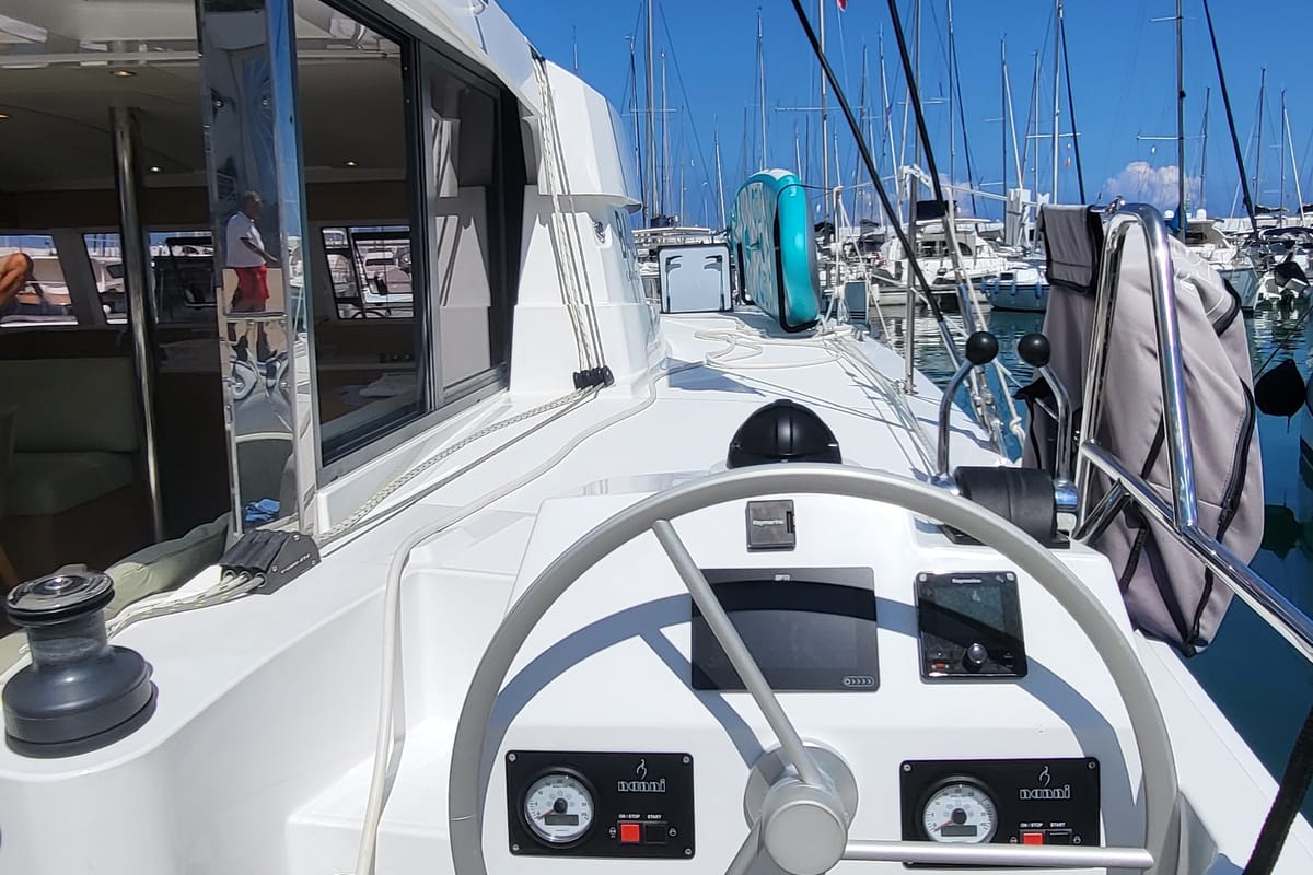 Cockpit of Blue Moon, a Lagoon 46 catamaran at Capo d'Orlando, Italy