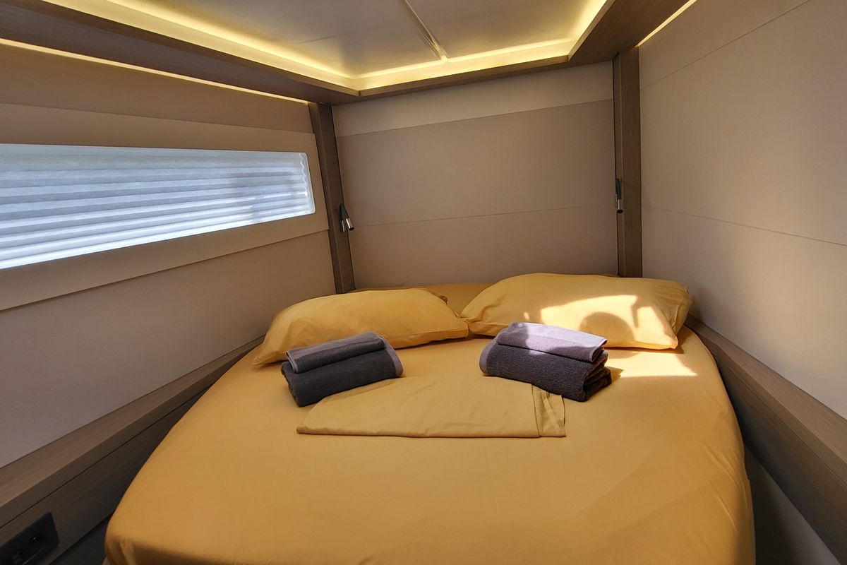 Cabin on Blue Moon, a Lagoon 46 catamaran at Capo d'Orlando, Italy