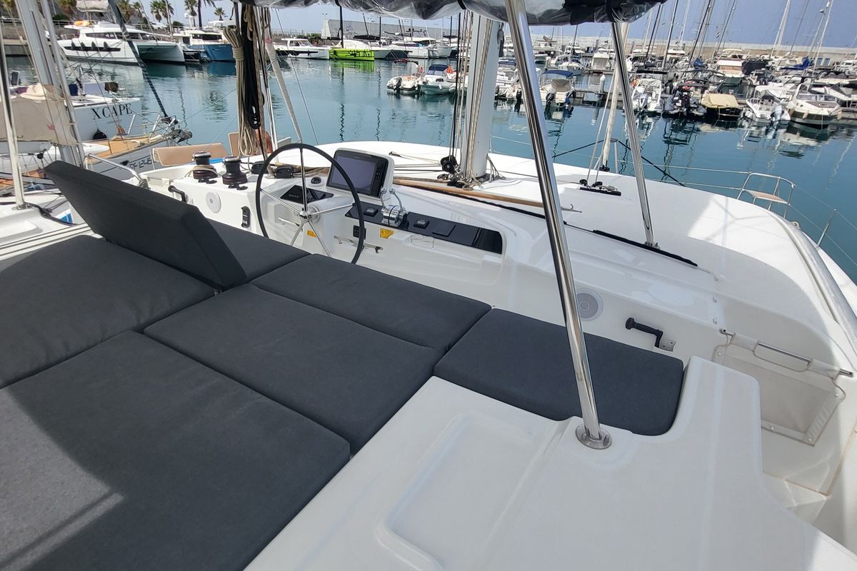 Cockpit of Blue Moon, a Lagoon 46 catamaran at Capo d'Orlando, Italy