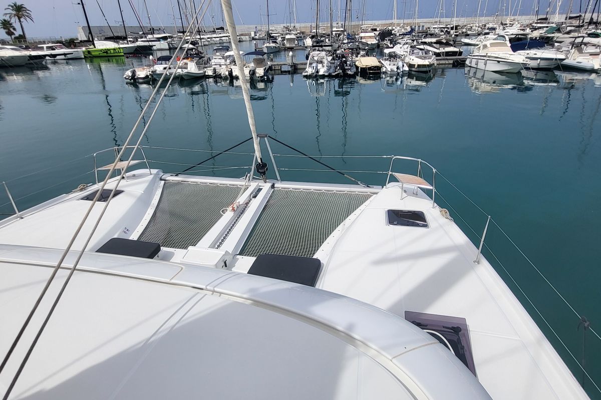 Deck of Blue Moon, a Lagoon 46 catamaran at Capo d'Orlando, Italy