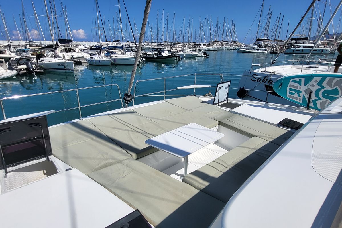 Deck of Blue Moon, a Lagoon 46 catamaran at Capo d'Orlando, Italy