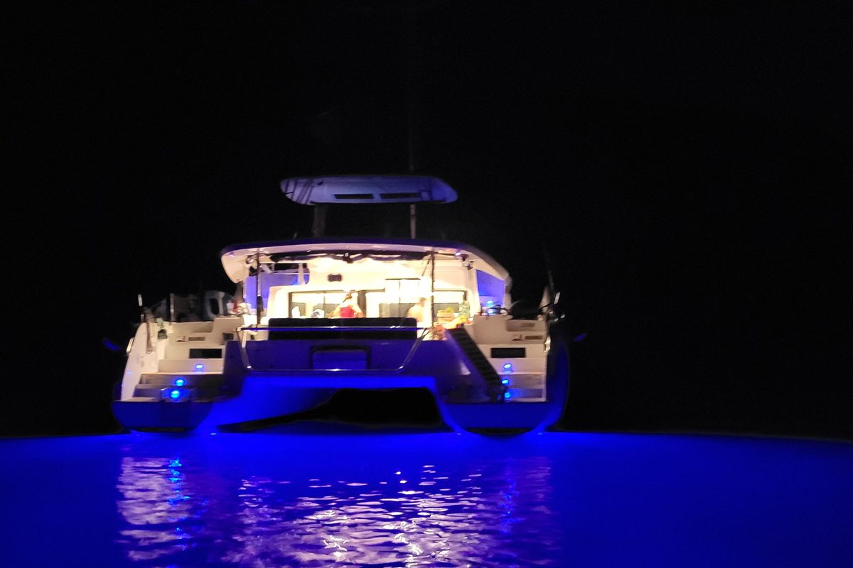 Exterior view of Blue Moon, a Lagoon 46 catamaran at Capo d'Orlando, Italy
