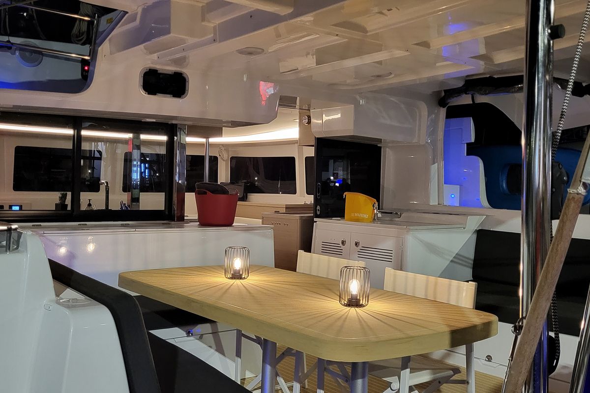 Deck of Blue Moon, a Lagoon 46 catamaran at Capo d'Orlando, Italy