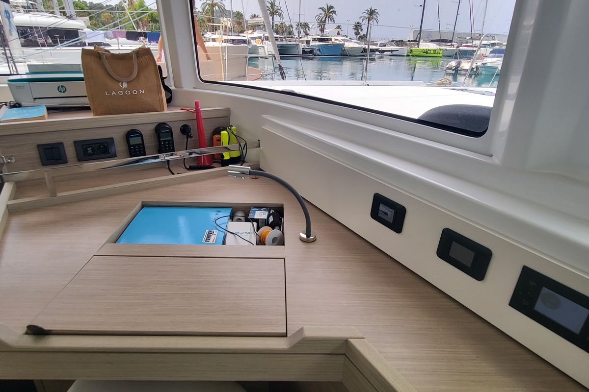 Salon of Blue Moon, a Lagoon 46 catamaran at Capo d'Orlando, Italy