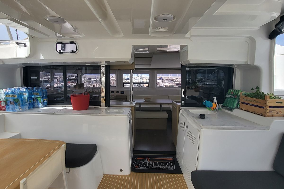 Salon of Blue Moon, a Lagoon 46 catamaran at Capo d'Orlando, Italy
