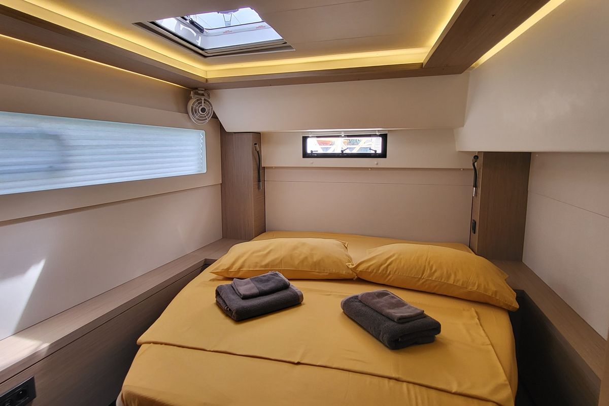 Cabin on Blue Moon, a Lagoon 46 catamaran at Capo d'Orlando, Italy