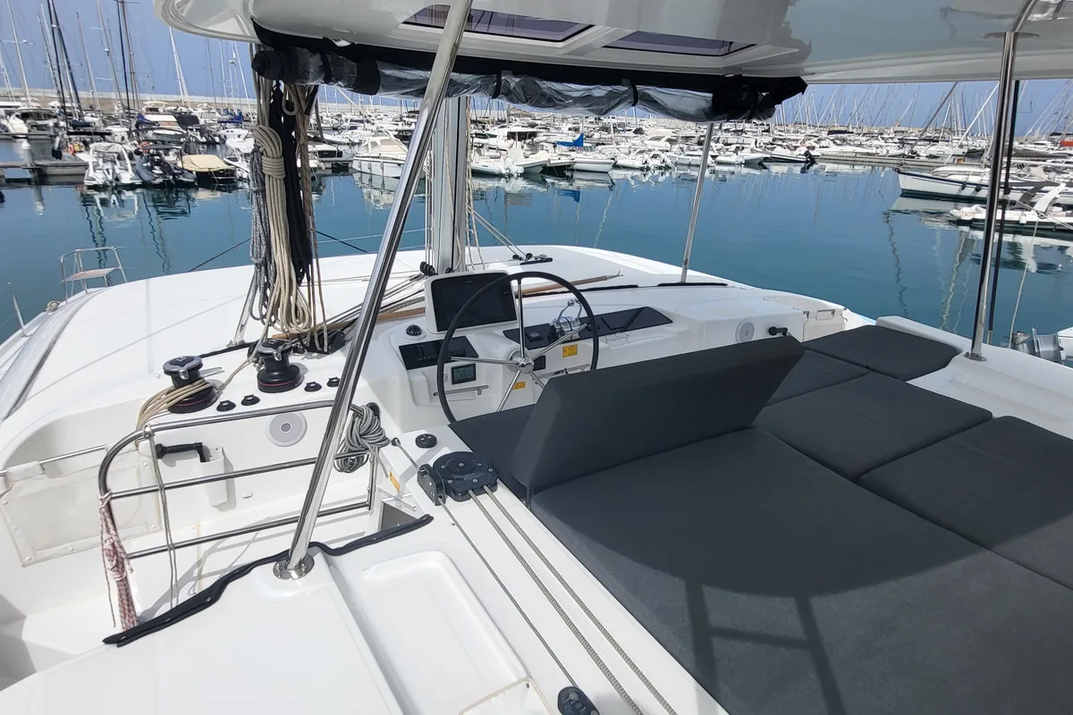 Cockpit of Blue Moon, a Lagoon 46 catamaran at Capo d'Orlando, Italy