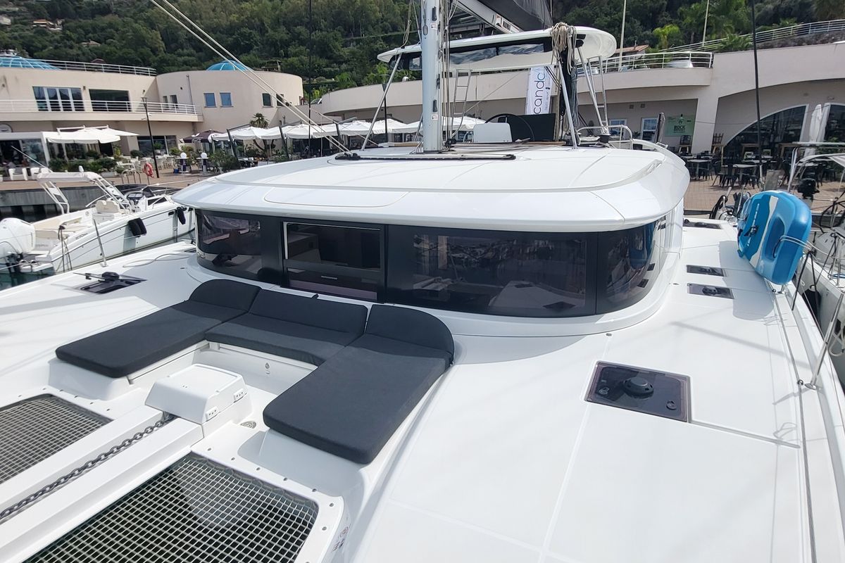 Deck of Blue Moon, a Lagoon 46 catamaran at Capo d'Orlando, Italy