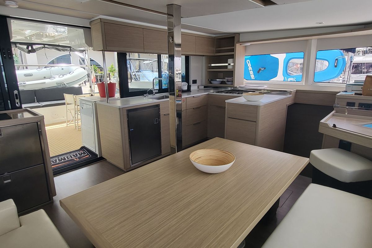 Salon of Blue Moon, a Lagoon 46 catamaran at Capo d'Orlando, Italy