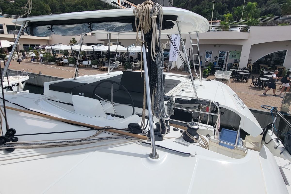 Deck of Blue Moon, a Lagoon 46 catamaran at Capo d'Orlando, Italy