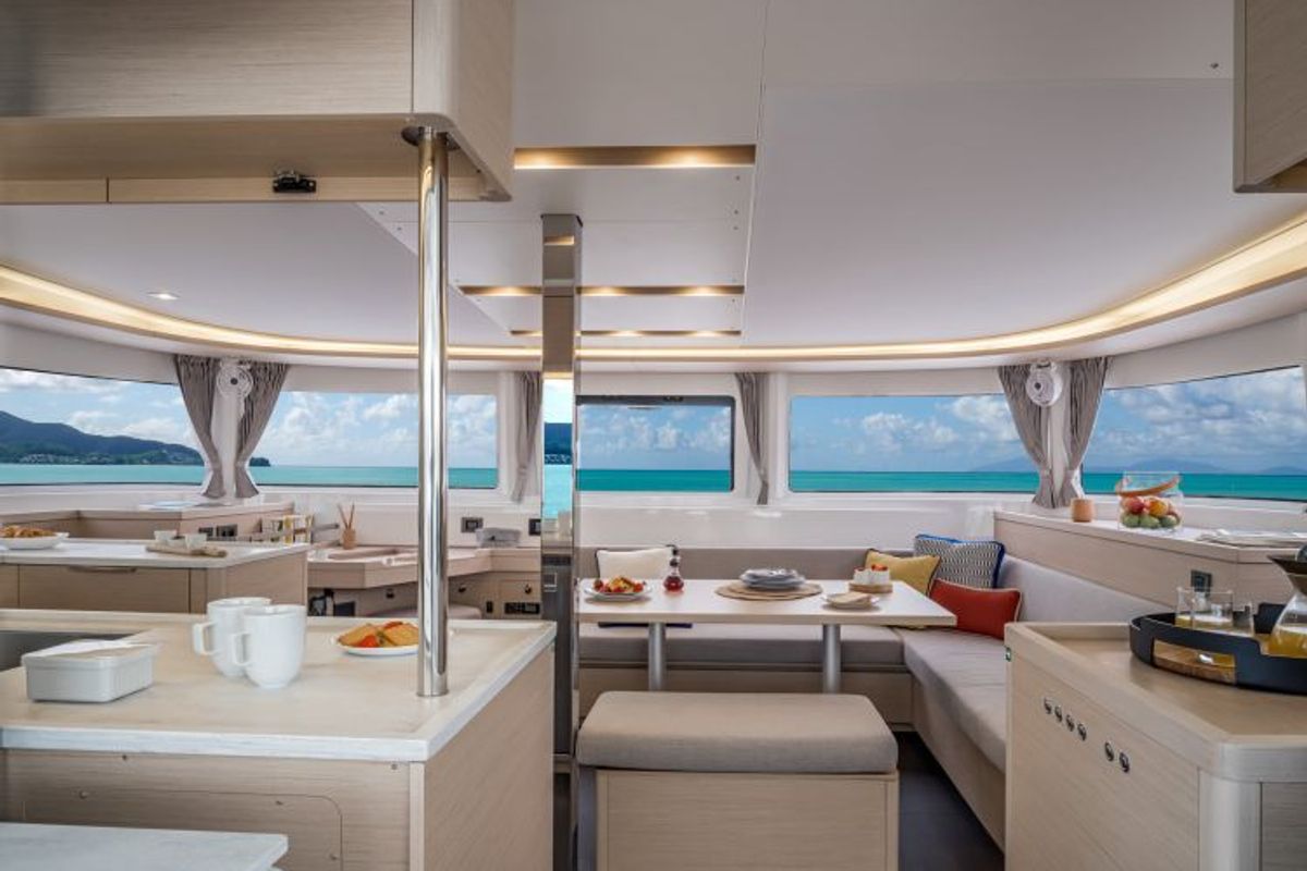 Salon of Blue Moon, a Lagoon 46 catamaran at Capo d'Orlando, Italy