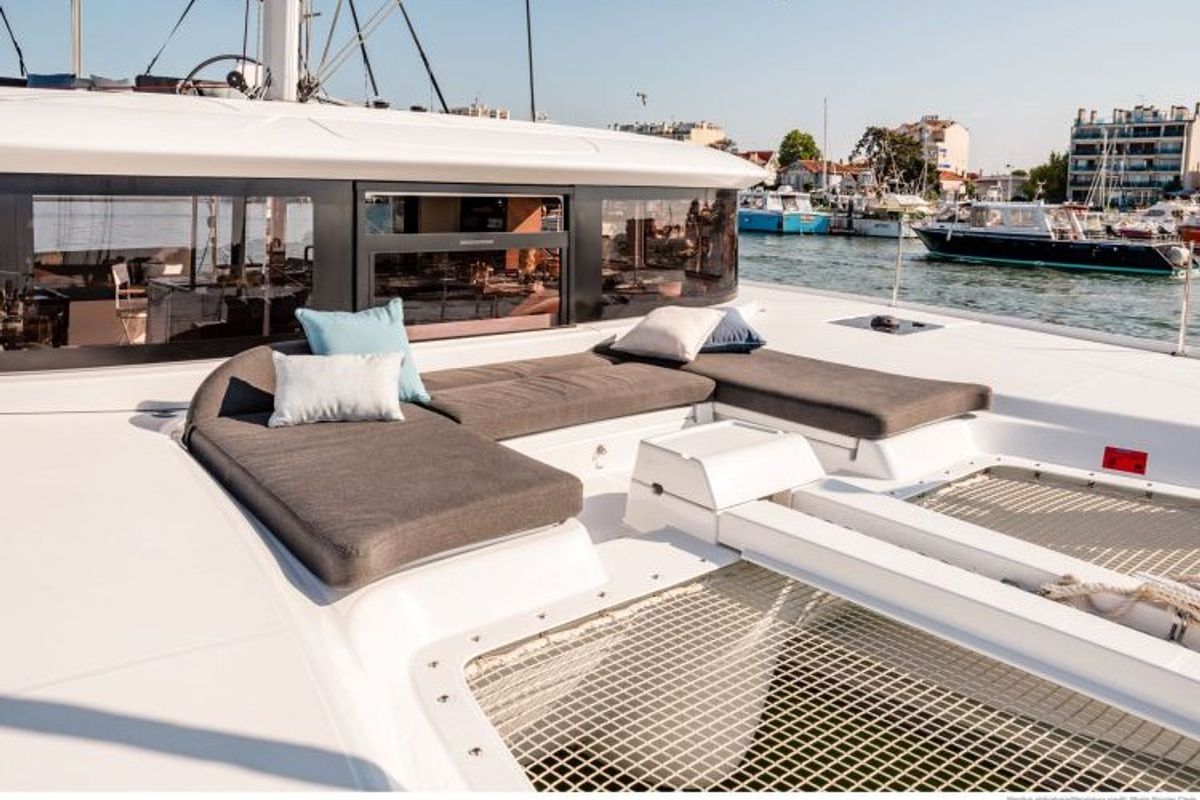 Deck of Blue Moon, a Lagoon 46 catamaran at Capo d'Orlando, Italy