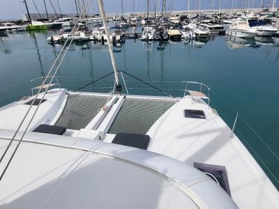 Deck of Blue Moon, a Lagoon 46 catamaran at Capo d'Orlando, Italy