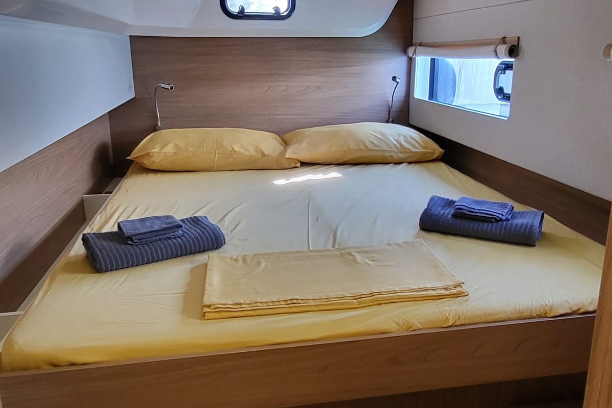 Cabin on Blue Moon, a Lagoon 46 catamaran at Capo d'Orlando, Italy
