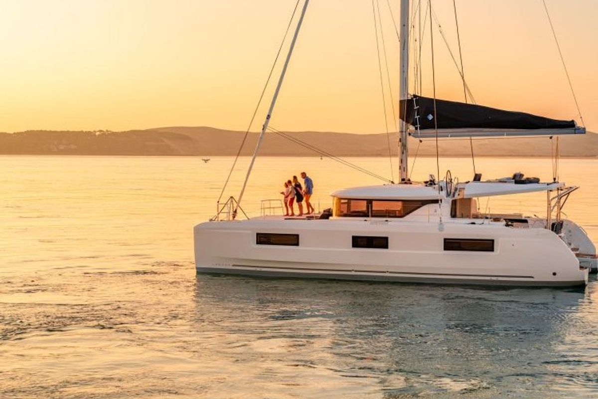 Exterior view of Blue Moon, a Lagoon 46 catamaran at Capo d'Orlando, Italy