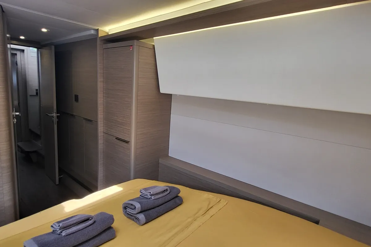 Cabin on Blue Moon, a Lagoon 46 catamaran at Capo d'Orlando, Italy