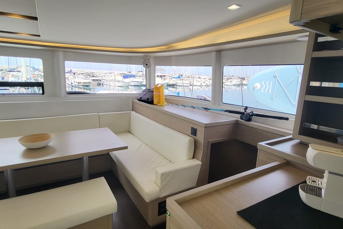 Salon of Blue Moon, a Lagoon 46 catamaran at Capo d'Orlando, Italy